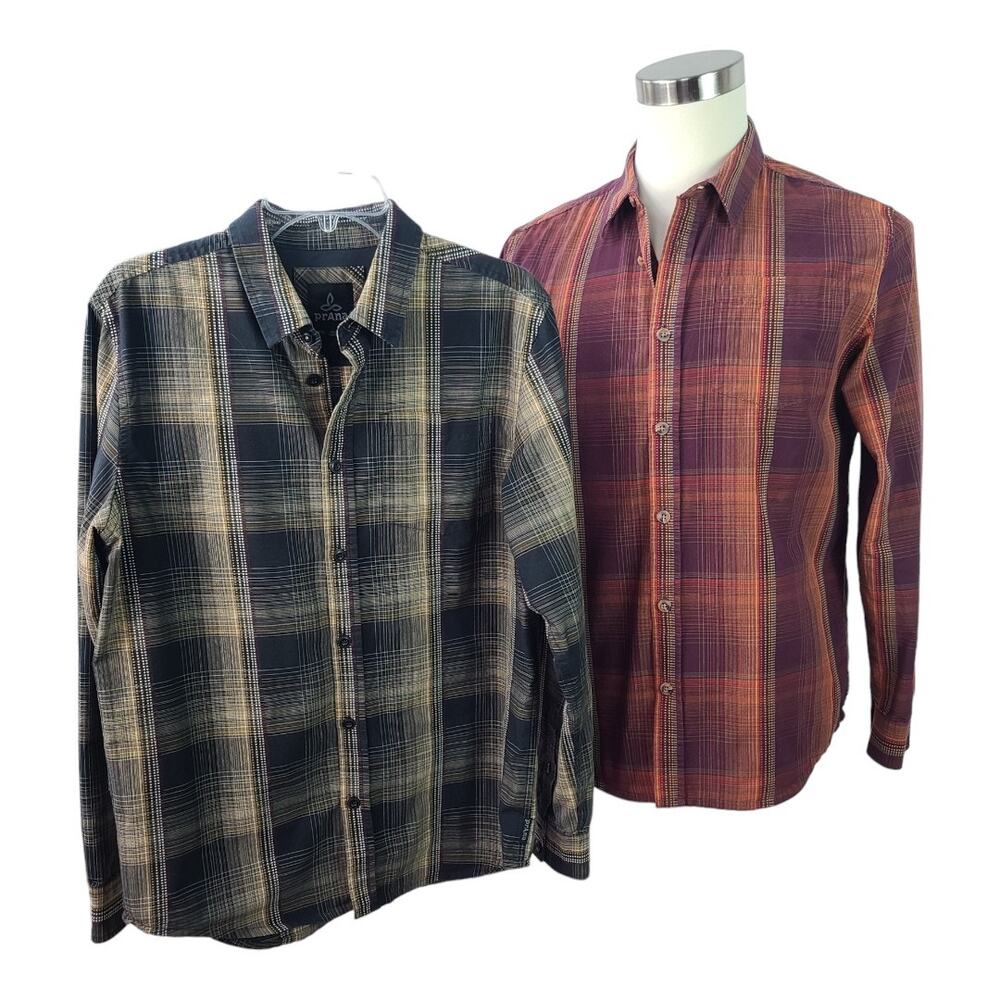 Prana Red Black Tan Plaid PAIR Button Down 2 Shirts Size Large